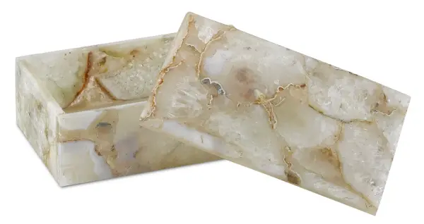 Made of natural agate, the Benoit Small Box is a clean-lined design with a snug fitting top in natural stone patterning. Collection: Benoit Finish: Natural Agate Width: 4.50" Height: 2.50" Length: 7.00" Weight: 2.50 lb Material: Agate Country of Origin: India Manufacturer Warranty: Warrants products for 1 yr against defects in materials & workmanship