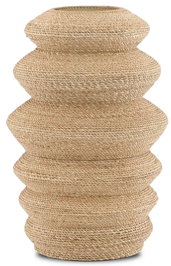 This handwrapped Abaca rope vessel showcases skilled craftsmanship with its textural natural finish. At 18.25 inches tall, it brings organic warmth and ethnic charm to any space while remaining versatile enough for multiple design styles.