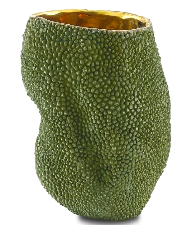 A striking decorative vessel featuring intricate jackfruit-inspired texture created through lost-wax casting. The green patina exterior contrasts beautifully with polished gold bronze interior, creating a sophisticated accent piece.