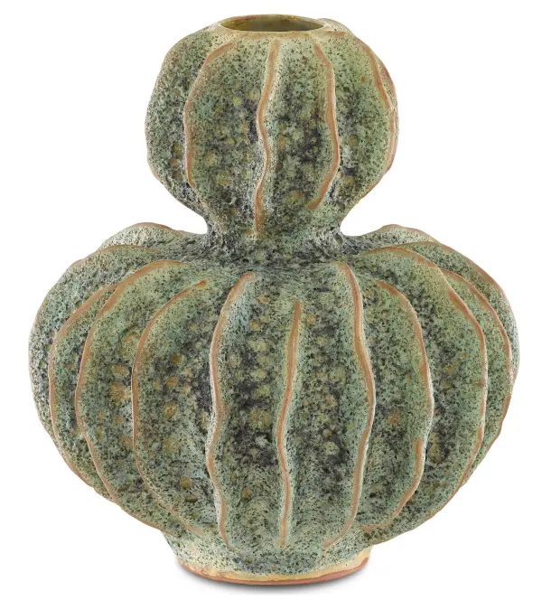 This handcrafted ceramic vase features a unique moss green glaze over black terracotta that evokes the patina of a sunken treasure. Made by artisan women at the Thailand-Burma border, its double gourd silhouette and weathered aesthetic bring organic character to any space.