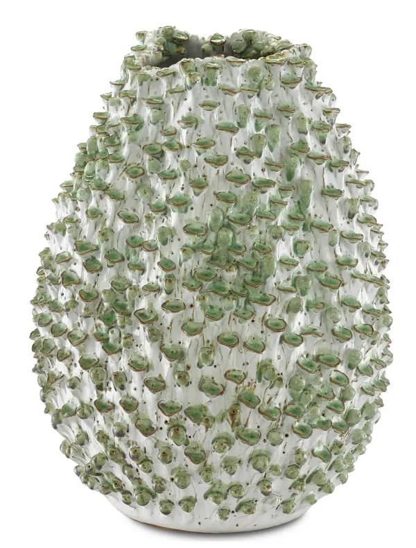 This small ceramic vase showcases exceptional craftsmanship with hand-applied green leaves on a white-glazed black terracotta base. Made by artisan women at the Burma-Thailand border, each piece is unique with subtle variations.