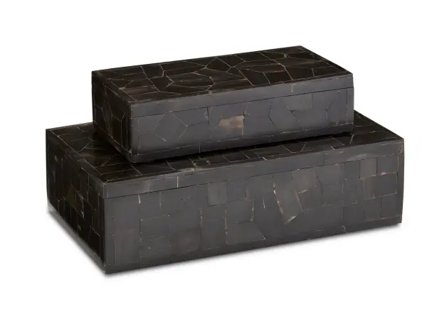 These decorative boxes showcase exceptional craftsmanship with hand-applied bone mosaic surfaces. The irregular pattern creates rich texture and visual interest, making them ideal for storing small items or as standalone accent pieces.