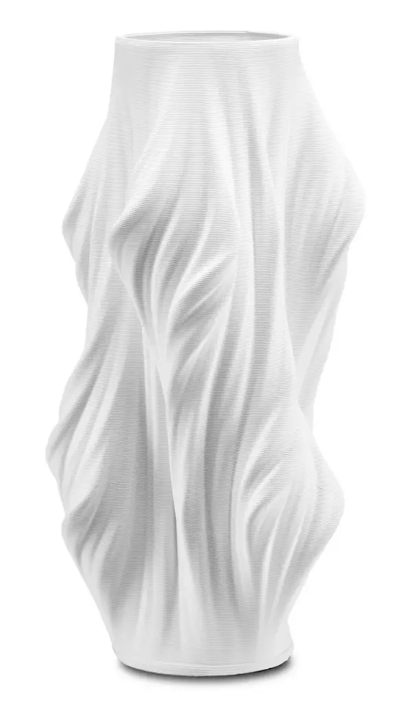 A striking decorative vessel that bridges ancient aesthetics with cutting-edge 3-D printing technology. The flowing profile and subtle ringed striations create visual interest while the pure white finish ensures versatility across design schemes.