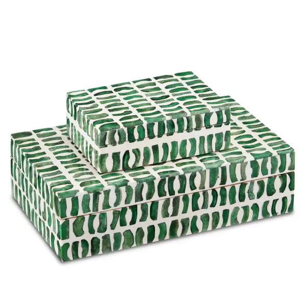 These handcrafted decorative boxes feature irregular green bone pieces set into white composite, creating a painterly, brushstroke-like pattern. The set of two offers versatile styling options for tabletops or desks with distinctive artisanal appeal.