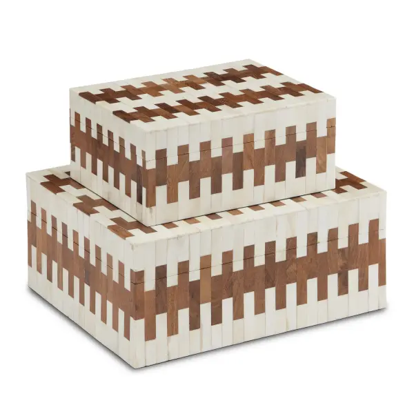 These handcrafted decorative boxes feature a striking offset brick pattern of white bone and natural wood that evokes piano keys. Linen-lined interiors with brass alignment pins showcase exceptional attention to detail.
