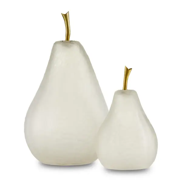 Hand-cut textured glass pears with brass stems create elegant decorative accents. Hollow construction allows them to glow when backlit, adding ambient warmth. Set includes two sizes for versatile styling.