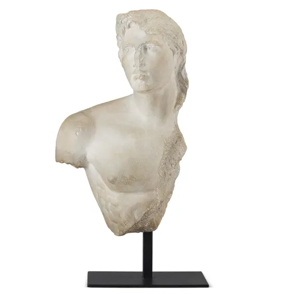 This striking reproduction captures the timeless beauty of classical Greek sculpture with remarkable authenticity. The aged beige finish and intentionally weathered details create a convincing antique appearance that adds instant sophistication to any space.