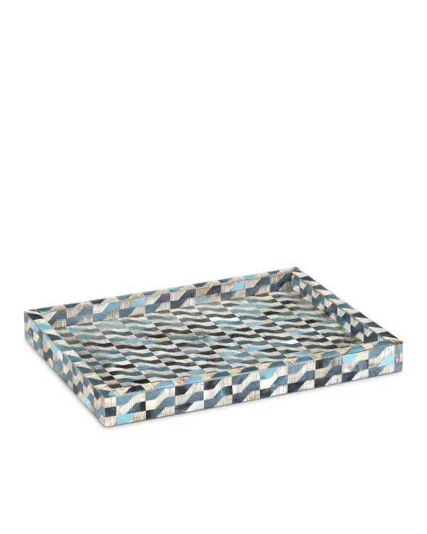 This artisanal tray showcases exceptional craftsmanship with hand-applied bone and chiseled horn creating a distinctive wavy pattern. The blue, brown, and ivory color palette adds visual interest while the textural surface makes it a standout accent piece.
