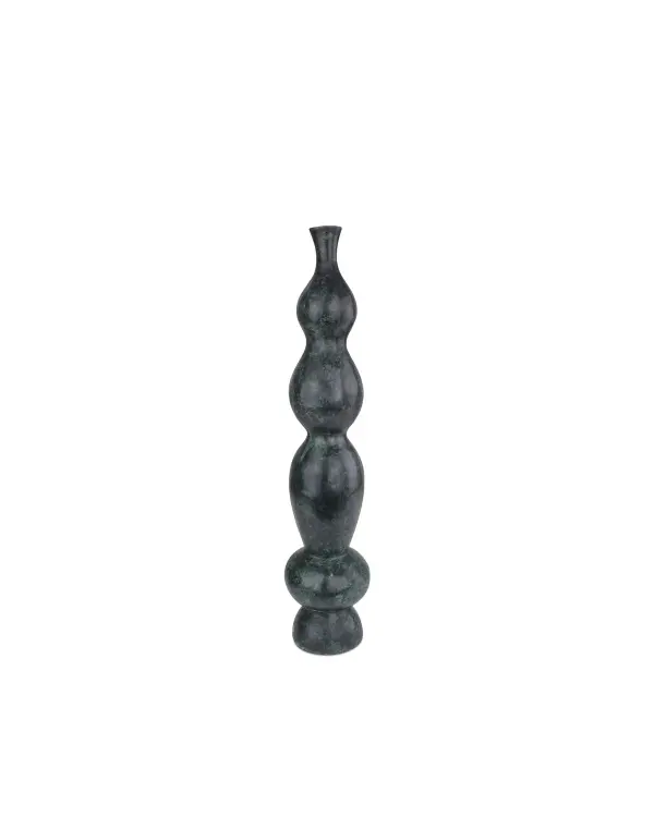 This handcrafted bronze vase showcases exceptional artisan technique with its jade green patina and polished gold ring detail. The undulant form mimics turned wood while the distressed finish achieved through lost-wax casting creates an antique aesthetic. At 25.5 inches tall, it makes a striking sculptural statement in transitional and contemporary interiors.