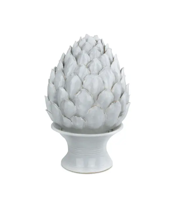 This hand-thrown ceramic artichoke sculpture showcases exceptional craftsmanship with individually applied leaves. The white glaze reveals subtle terracotta undertones at the edges, creating organic texture and visual depth.