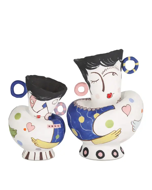 Artist Xiao New's dancing vases blend cubist influence with playful character, creating conversation-starting decorative objects. Each hand-painted piece varies slightly, ensuring unique personality in every set.