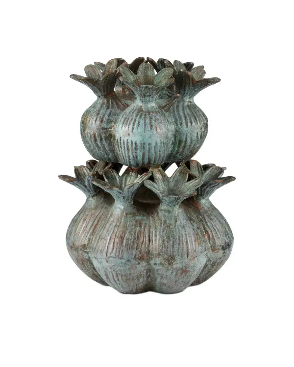 The Amsterdam Tulip Vase combines the organic beauty of handcrafted ceramics with the durability of cast aluminum. Its distinctive verdigris patina creates a coppery-green finish that adds character to any space.