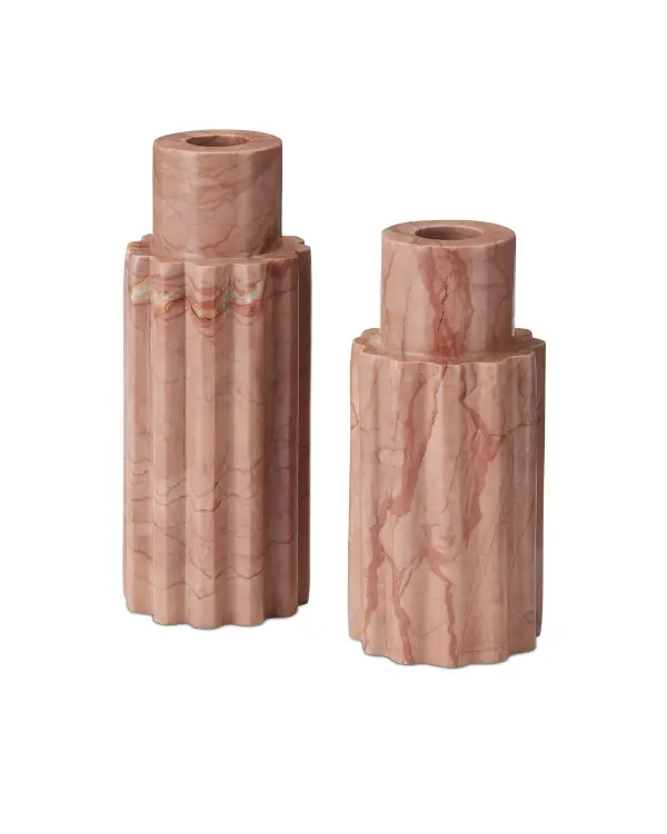 These Rosa Cappuccino marble candle holders bring sophisticated warmth to any space with their geometric design and natural pink-rose veining. Each piece is unique due to the stone's organic patterns.