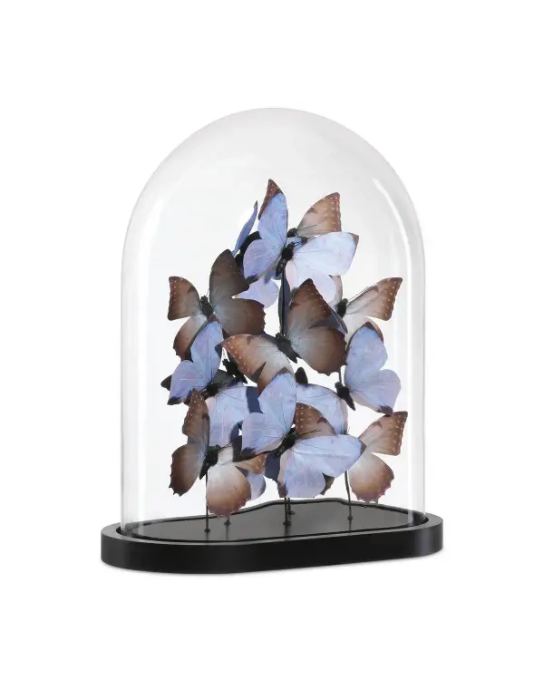 This enchanting sculpture captures nature's grace with handcrafted paper butterflies in soft lilac and blush tones, preserved under a glass dome. The modern black base grounds the ethereal design, making it a conversation starter.