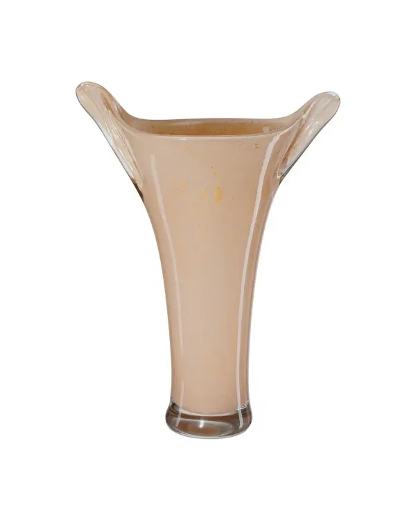 A stunning 20-inch tall vase featuring hand-crafted mouth-blown glass in soft peach tones with gold flecks. The freeform opening and graceful silhouette create a piece that bridges modern and timeless design.