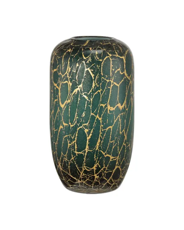 A stunning decorative vase featuring traditional Venetian mouthblown glass technique with deep teal exterior and organic metallic gold swirls. Each piece is unique with hand-applied gold detailing that creates movement and artistry.