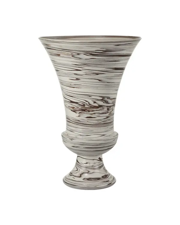 This substantial porcelain urn brings sculptural presence to any space with its generous 25-inch height and distinctive brown swirl pattern. The footed base adds classical elegance while the organic surface treatment keeps it contemporary.