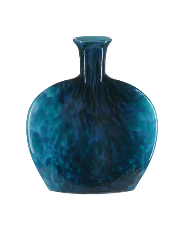 The Pavonini Vase captivates with its brilliant blue and teal marbled glass, shaped like an oversized perfume bottle. Its shallow depth makes it ideal for console tables and nightstands where space is at a premium.