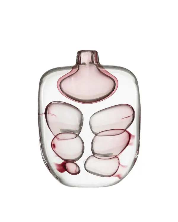 The Vicolino vase combines artisanal craftsmanship with contemporary design. Hand-made clear and purple glass features suspended organic bubbles that create visual depth and movement. A striking accent piece that functions as both art and vessel.