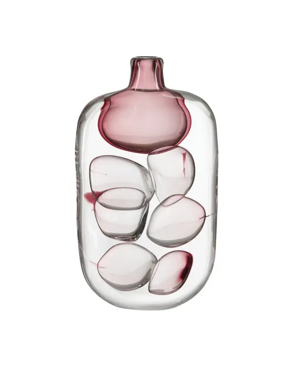 The Vicolino vase combines artisanal craftsmanship with contemporary design. Hand-blown clear and purple glass features suspended organic bubbles that create visual depth and movement. A striking accent piece that works as both functional vase and standalone sculpture.