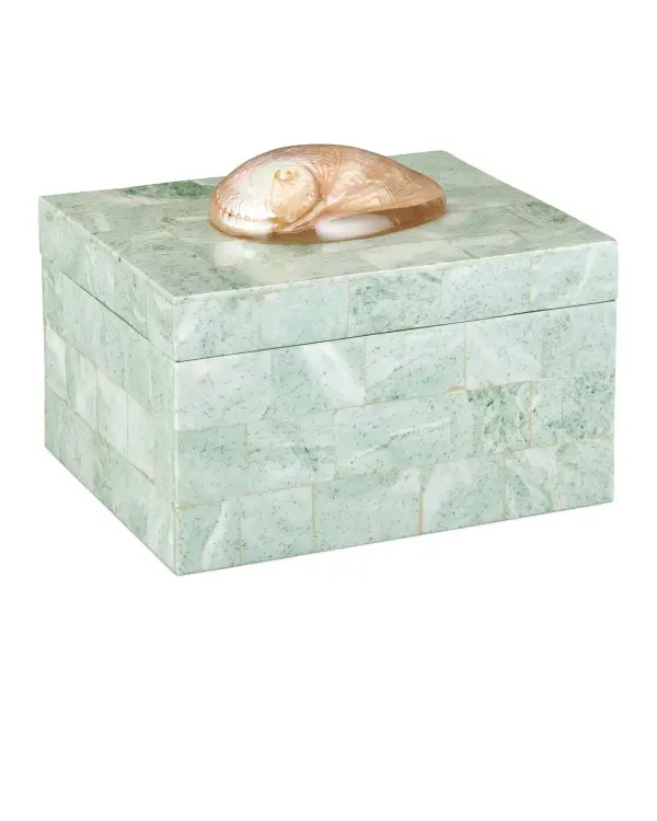 A sophisticated storage piece showcasing hand-cut serpentine stone in an intricate mosaic pattern. The mint-painted interior provides elegant contrast to the natural stone exterior, making it ideal for jewelry, keepsakes, or vanity essentials.