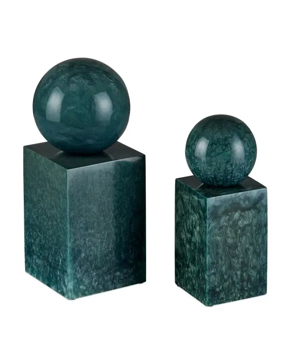 These geometric sculptures feature captivating swirling surfaces created by mixing pearlescent powder with composite material. The organic patterns cover every angle, making them eye-catching statement pieces for modern interiors.
