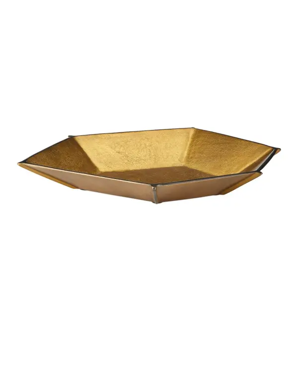 The Merola Bowl commands attention with its angular, asymmetrical design and rich antique brass finish accented by hand-rubbed bronze. Crafted from cast aluminum, it's lightweight yet substantial-looking, making it perfect for styling coffee tables, consoles, or credenzas.