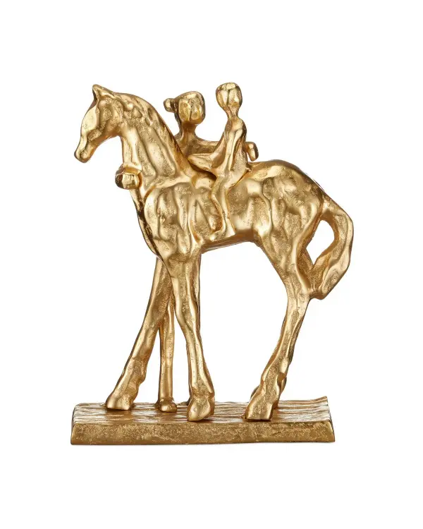 This cast aluminum sculpture beautifully depicts a mother supporting her child's first horseback ride through subtle surrealistic lines. The brilliant gold finish adds warmth and sophistication to any space.