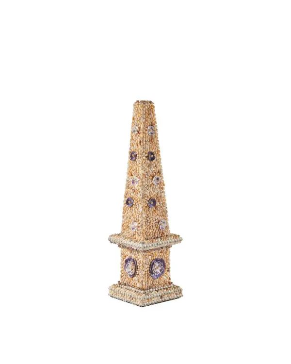 This handcrafted obelisk showcases the ancient art of coquillage with intricate shell mosaics in soft peach, white, and purple tones. At nearly 23 inches tall, it's a statement piece that adds textural interest and coastal sophistication.