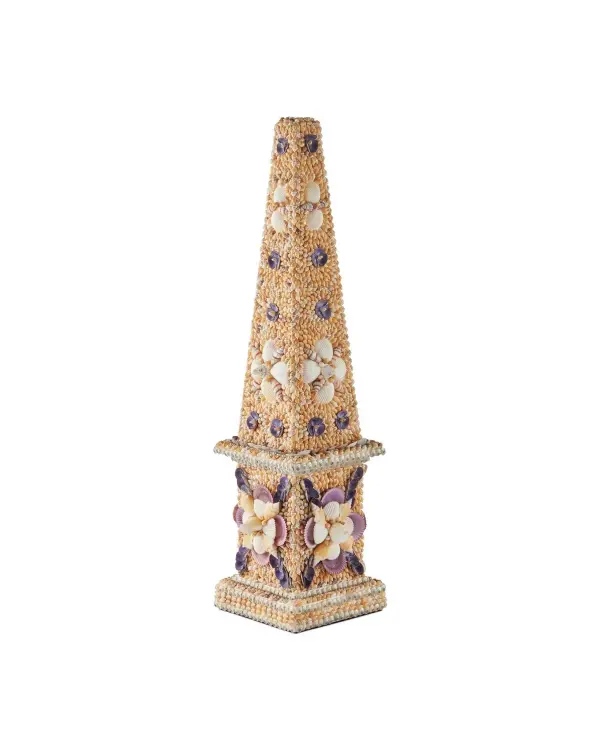 This handcrafted obelisk showcases the ancient art of coquillage with intricate shell mosaics in soft peach, white, and purple tones. At 31 inches tall, it serves as a striking focal point that bridges traditional craftsmanship with contemporary coastal style.