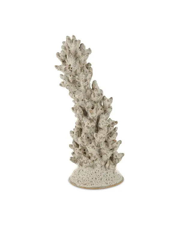 This handcrafted ceramic sculpture captures the organic beauty of stacked coral with expert throwing and carving techniques. The sunken white moss glaze creates an aged, weathered appearance with intricate pitting and texture that adds coastal elegance to any space.