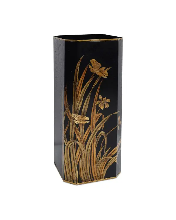 The Glasshouse Umbrella Stand brings decorative sophistication to entryways with hand-painted tole floral patterns in black and gold. Its compact 9-inch footprint fits tight spaces while the artisanal finish elevates functional storage into a statement piece.