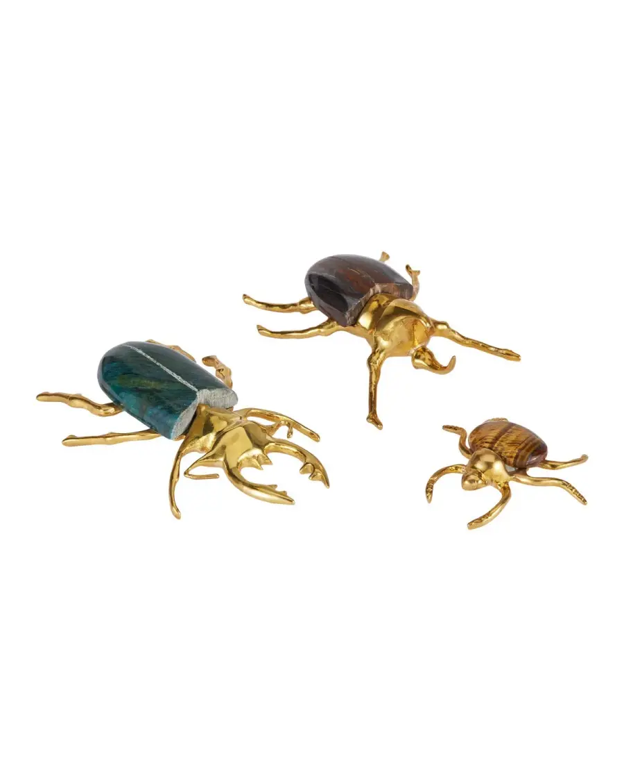 Beetle Colony Set of 3 in Polished Brass with Natural Gemstones