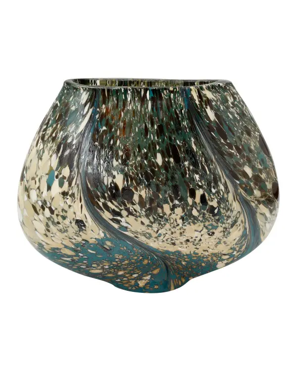 A striking decorative vase featuring advanced Italian glassblowing techniques with swirled multi-color patterns. The unique teardrop shape with narrow oval opening makes a bold sculptural statement in any space.