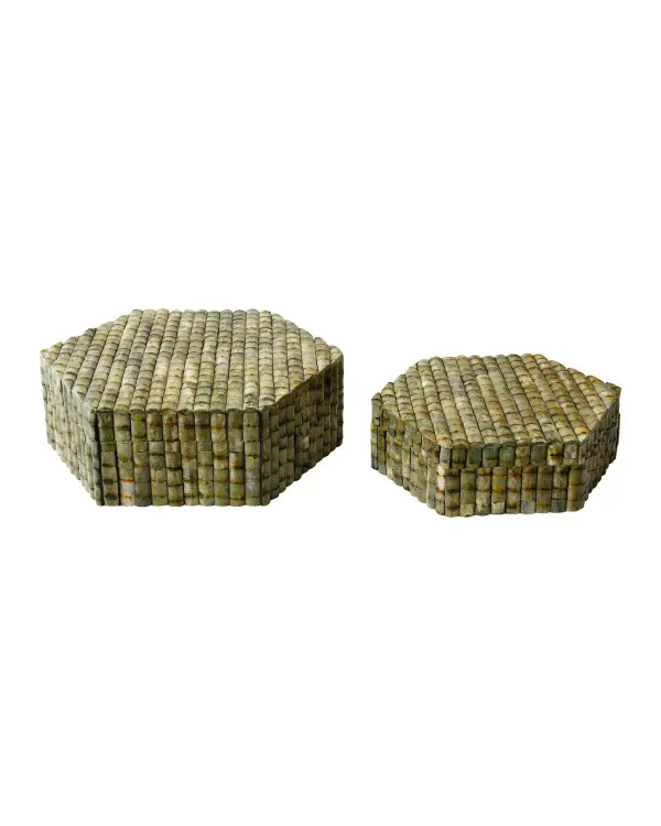 These handcrafted decorative boxes showcase exceptional artisanal skill with dyed green bone carved to mimic bamboo. The set of two six-sided boxes features removable lids and linen interiors, perfect for organizing jewelry, keepsakes, or desk accessories while adding organic texture to any space.