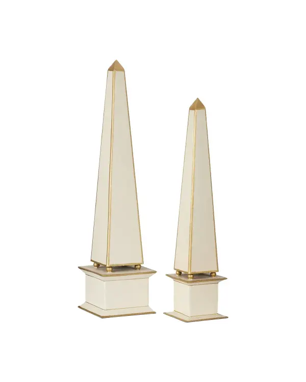 These sculptural obelisks bring centuries-old classical design into modern spaces with a sophisticated ivory and gold finish. The crackled texture adds artisanal character, making each piece subtly unique.