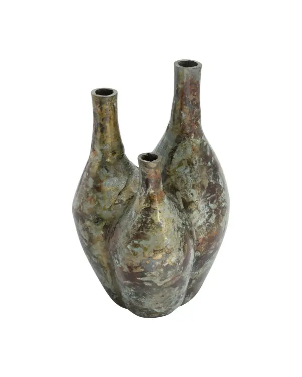 The Trois Vase showcases organic design with three openings for dried arrangements. Its handcrafted verdigris finish on cast aluminum creates unique color variations, making each piece one-of-a-kind. Ideal for adding sculptural interest to any space.