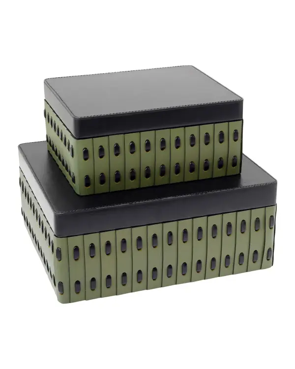 These decorative boxes showcase exceptional craftsmanship with woven green and black leather creating a distinctive shingle-like texture. Suede-lined interiors and recessed hinges deliver both luxury and clean design.