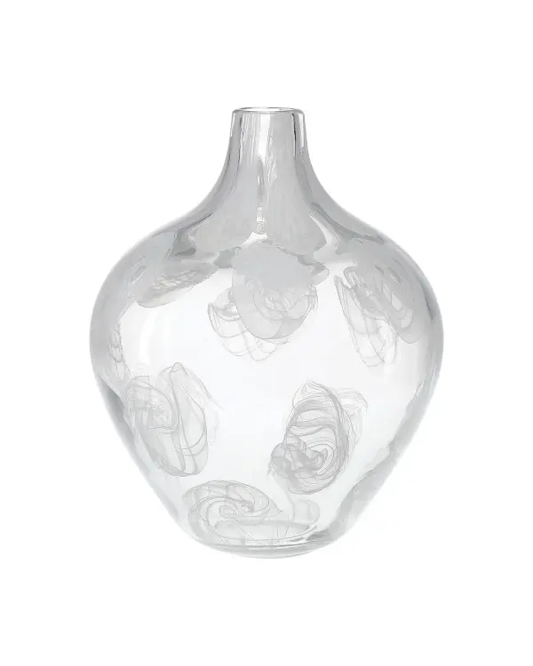 A striking decorative vase featuring traditional Italian glassblowing techniques. The white swirl pattern created through latticino methods makes this piece a sculptural statement whether displayed empty or with florals.