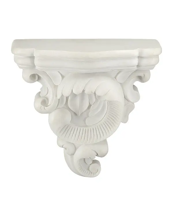 This composite wall shelf beautifully reproduces classical acanthus leaf scrollwork in an antique off-white finish. Its recessed cleat mounting creates a clean, flush profile perfect for displaying treasured objects or creating dramatic wall arrangements.
