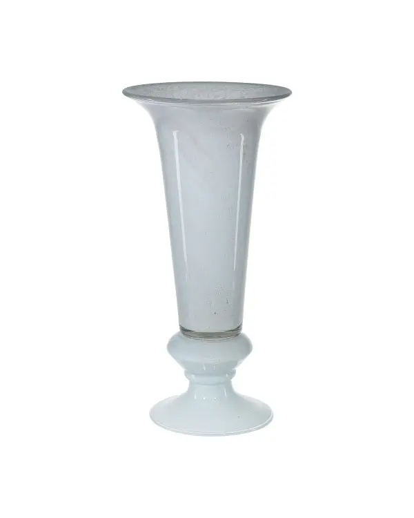 This mouth-blown art glass vase showcases traditional Venetian techniques with pale blue tones and suspended gold flecks. At over 26 inches tall, it makes a dramatic statement whether holding florals or displayed solo.