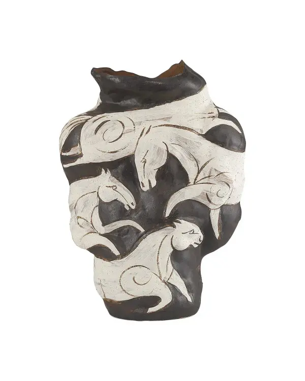 The Galliard Vase transforms traditional porcelain craftsmanship into a sculptural statement piece. Hand-painted horses race across its undulating surface, creating remarkable visual movement and energy that elevates any space.