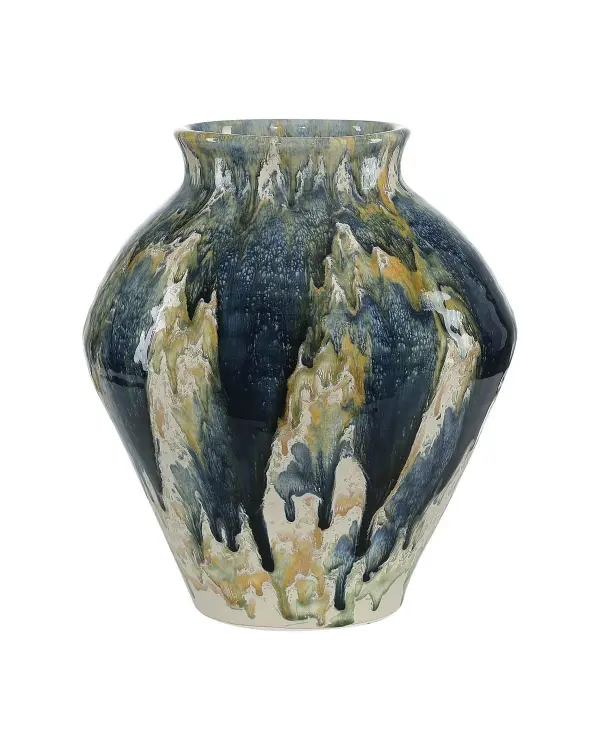 This terracotta vessel brings old-world Mediterranean charm with its distinctive Tuscan profile and hand-applied drip glaze in blue, green, and off-white. Each piece is unique due to the artisanal glazing technique.