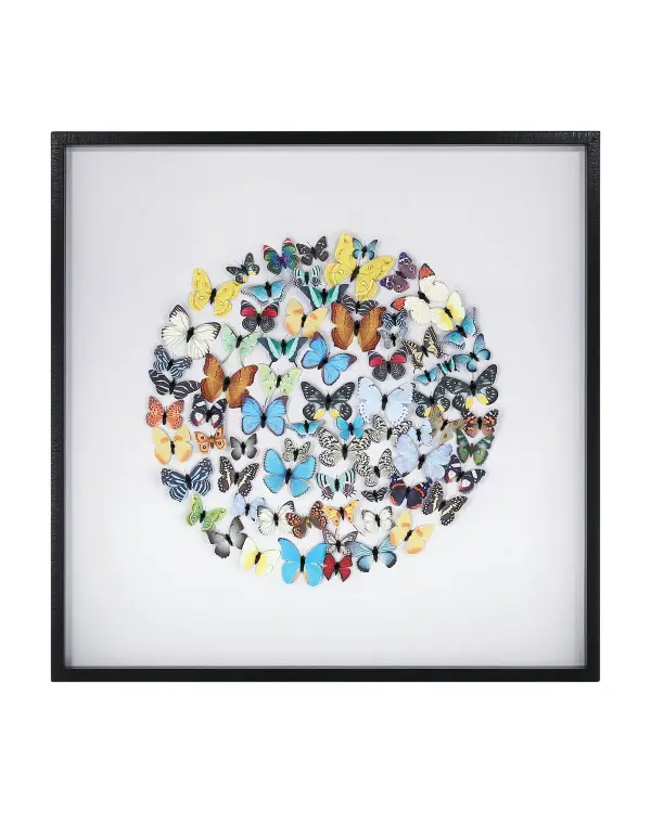 This sophisticated wall art features handcrafted paper butterflies arranged in a scientific specimen display. The multi-color palette and dimensional shadow box design create visual interest while maintaining an elegant, curated aesthetic.