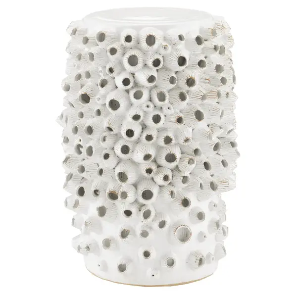This artisan-made ceramic accent table showcases exceptional craftsmanship with hand-applied barnacle-like ornamentations covering its entire surface. The antique white glaze adds depth and character to this coastal-inspired piece.
