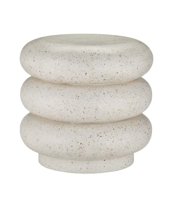A sophisticated concrete stool with ivory terrazzo finish featuring amber glass fibers and metallic flecks. Solid construction makes it ideal for both indoor and outdoor spaces requiring durable, stylish seating.