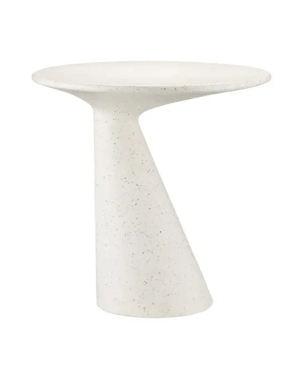 A sleek cantilevered side table crafted from fiber-reinforced concrete with an ivory terrazzo finish featuring amber glass and metallic flecks. Its solid construction and weather-resistant materials make it equally suited for indoor living spaces and outdoor terraces.