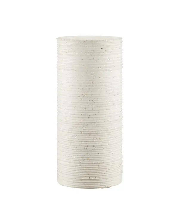 A sophisticated medium-height pedestal combining durability with refined aesthetics. The ivory terrazzo finish with amber glass fibers and metallic flecks creates subtle visual interest, while ribbed detailing adds texture.