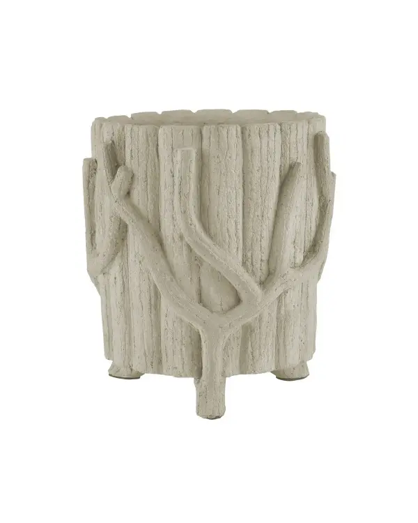 This handcrafted concrete planter features intricate twig-like details that create an authentic aged appearance. The Portland finish settles into natural crevices, enhancing the rustic aesthetic. Suitable for both indoor and outdoor use.