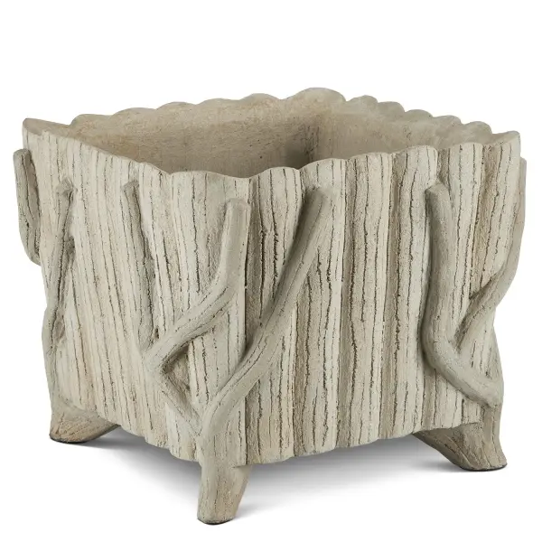 This handcrafted square planter features intricate twig-like details sculpted into concrete over a metal frame. The Portland finish enhances its aged, rustic appearance, making it ideal for both indoor and outdoor use.